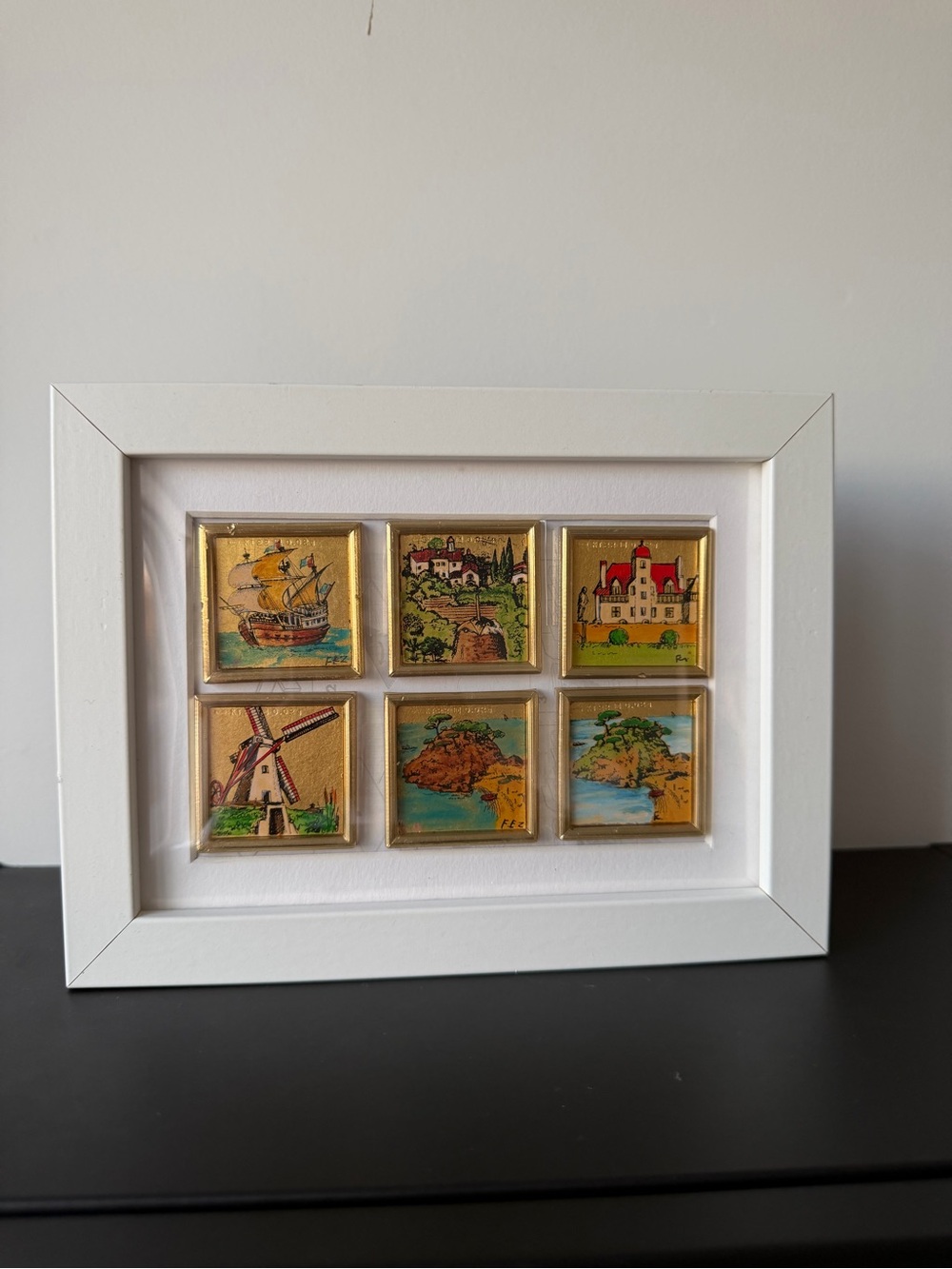 Vintage Miniature Italian Landscape Paintings 22k 6 x 0.02g Gold Leaf Signed Fez